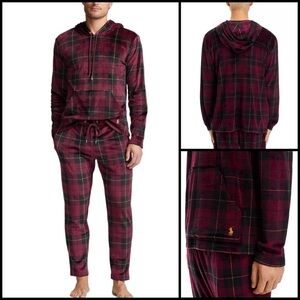 Polo Ralph Lauren Preppy Velour Maroon Tartan Plaid Loungewear Hoodie Pant Set M